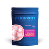 Blue package of Blueprint Longevity Mix with pink flavor description on a white background