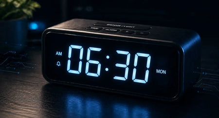 Digital alarm clock displaying 6:30 AM on a wooden surface.