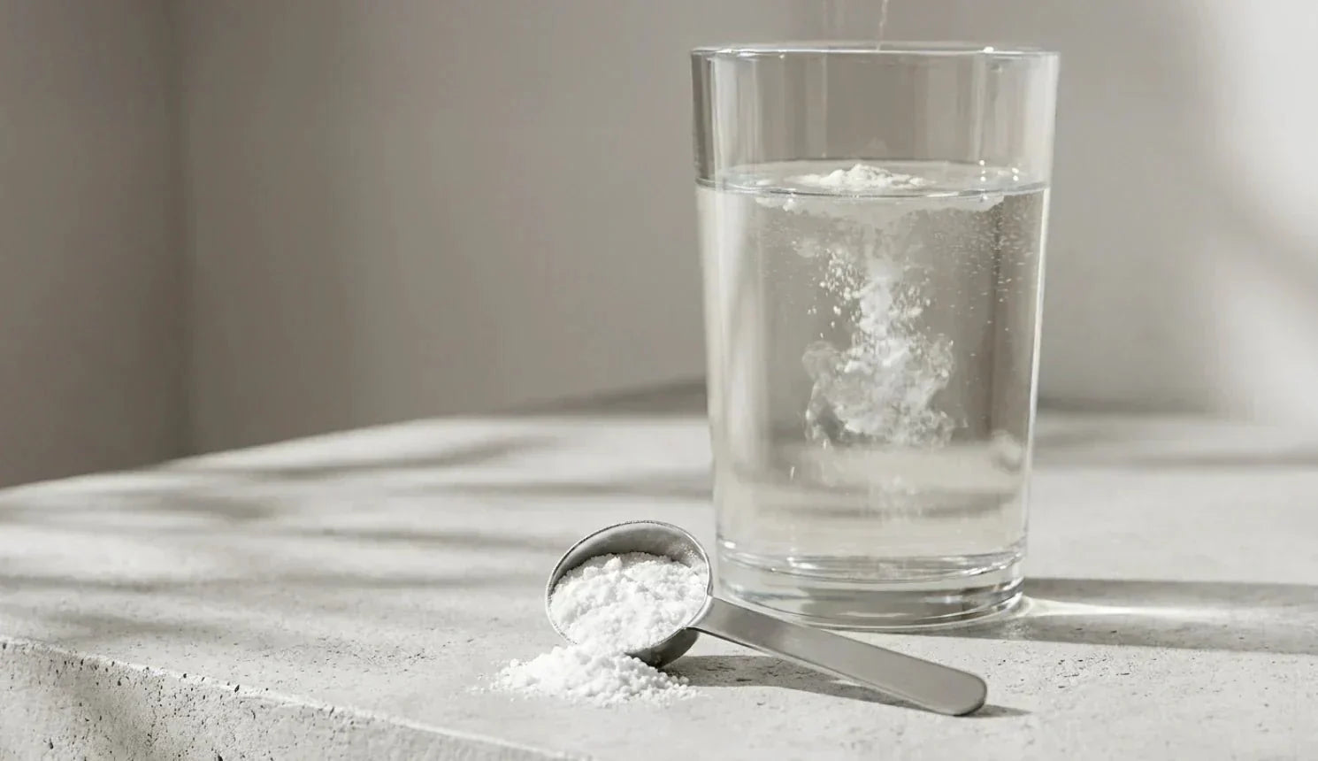 Glass of water and a metal scoop of creatine powder on a kitchen counter.