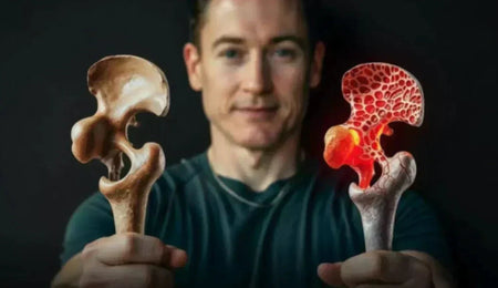 Bryan Johnson holding a healthy bone in one hand and an osteoporotic bone in the other to show the difference.