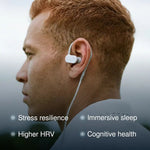 Man wearing an in-ear device with benefits listed: stress resilience, higher HRV, cognitive health