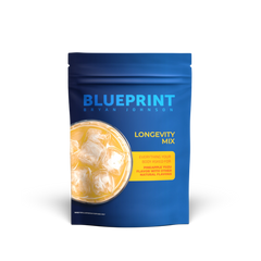 Blue package of Blueprint Brian Johnson Longevity Mix on a white background