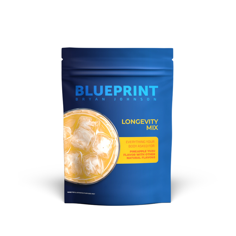 Blue package of Blueprint Brian Johnson Longevity Mix on a white background