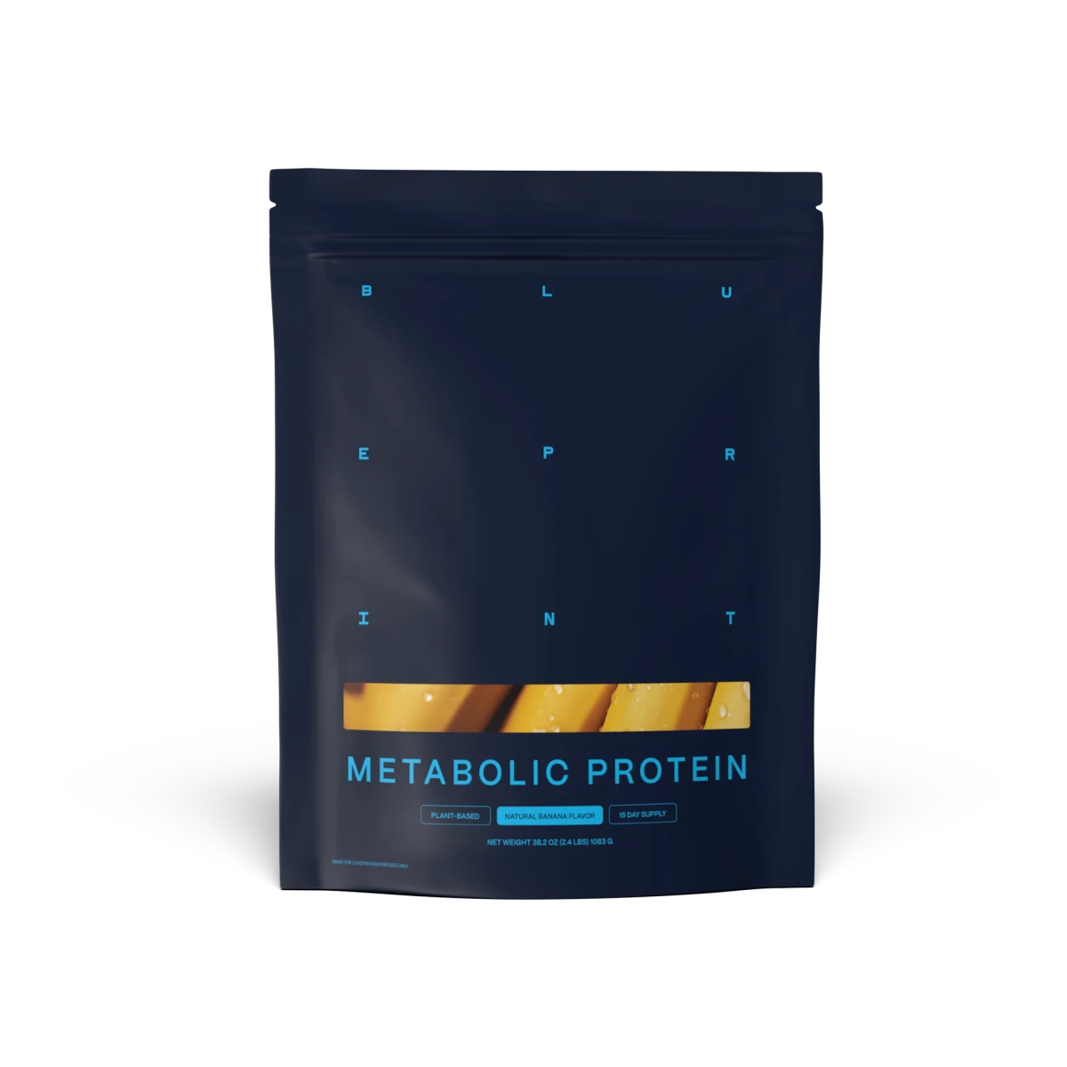 Dark blue package of Metabolic Protein banana flavor on a white background 