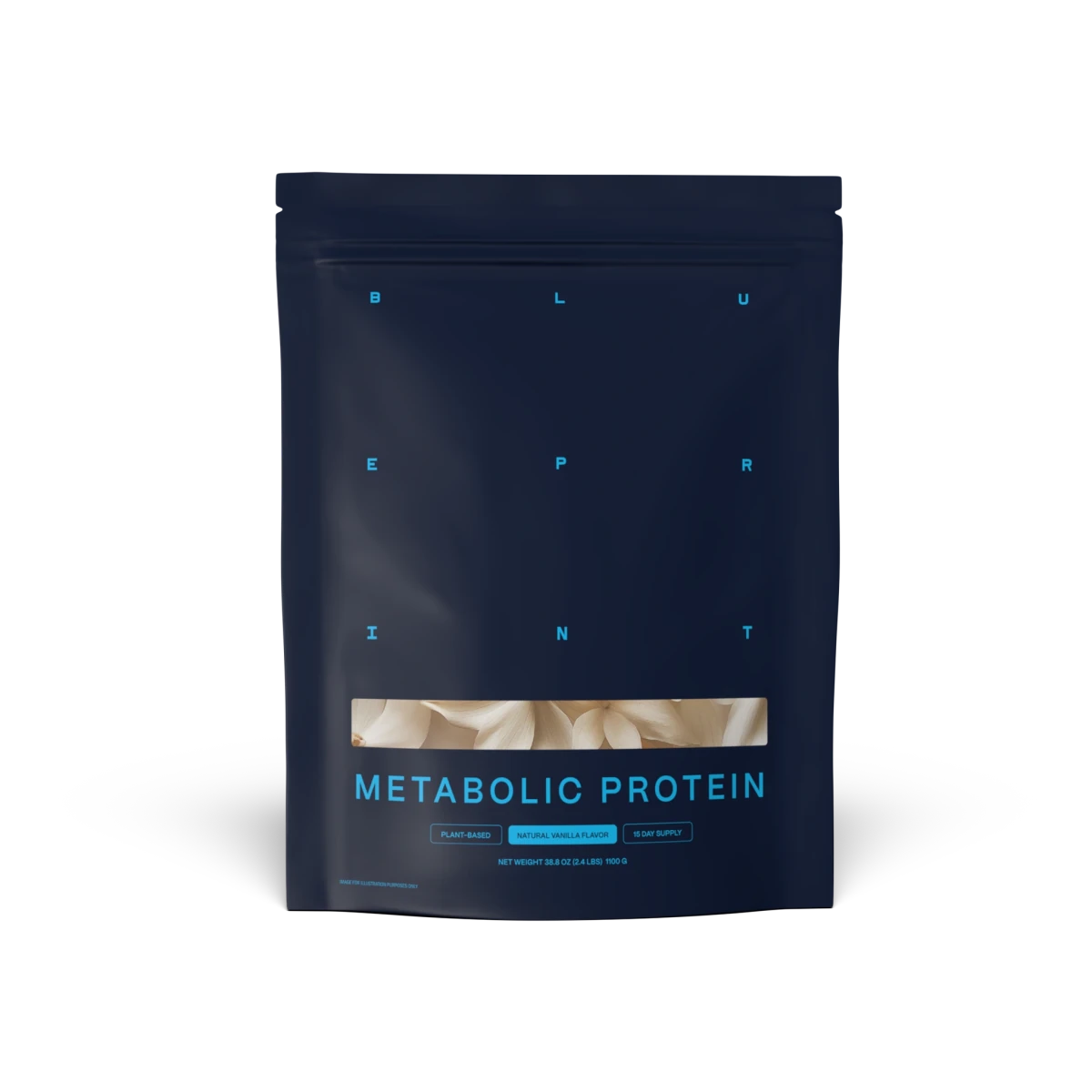 Dark blue package of Metabolic Protein on a white background 