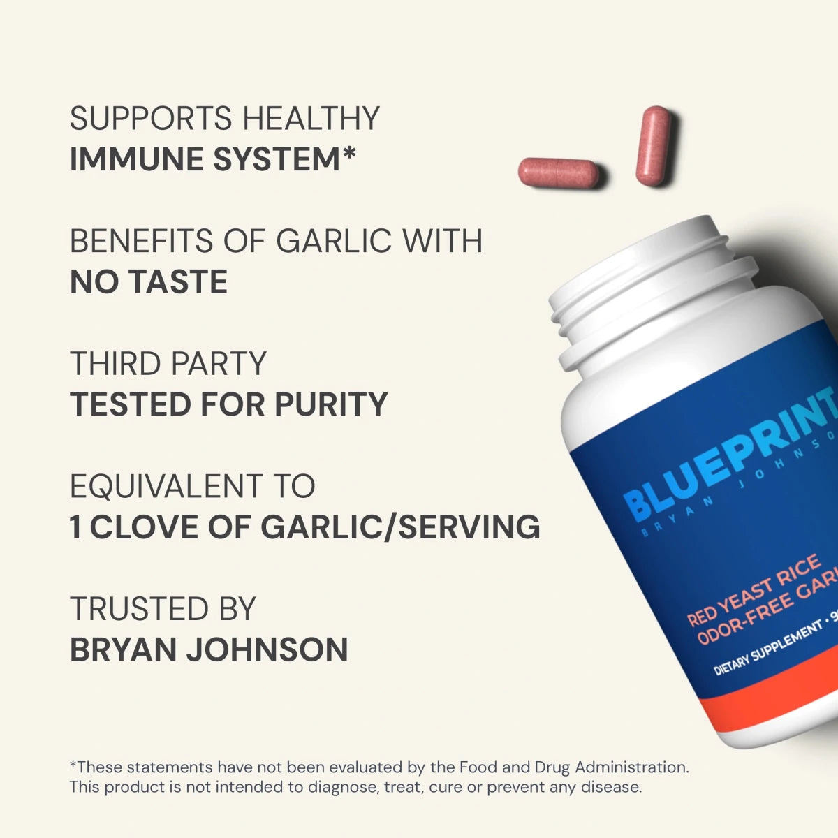 Supplement bottle with text highlighting benefits on a light gray background