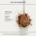 Cocoa powder on a spoon with health benefits listed on a white background