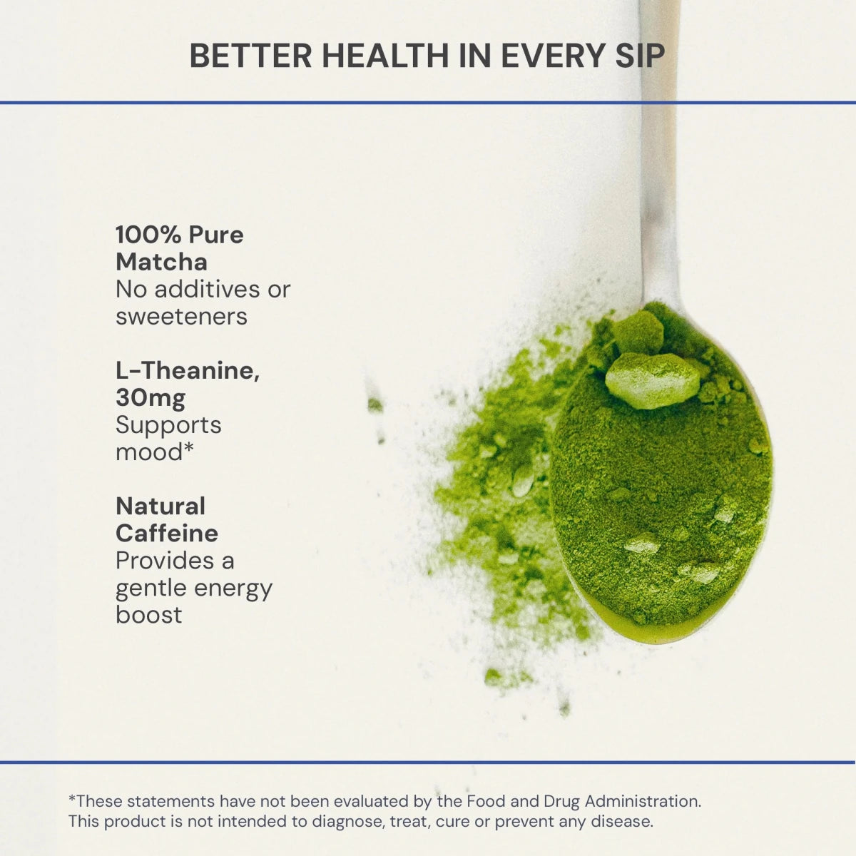 Spoon with green matcha powder and text about health benefits on a white background