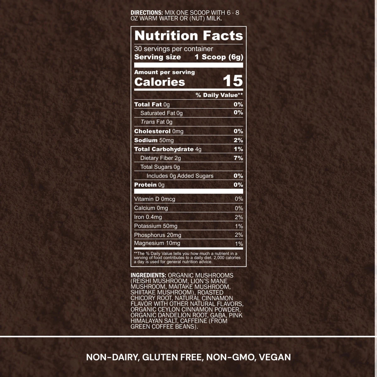 Nutrition facts label on a brown background with text and numbers.