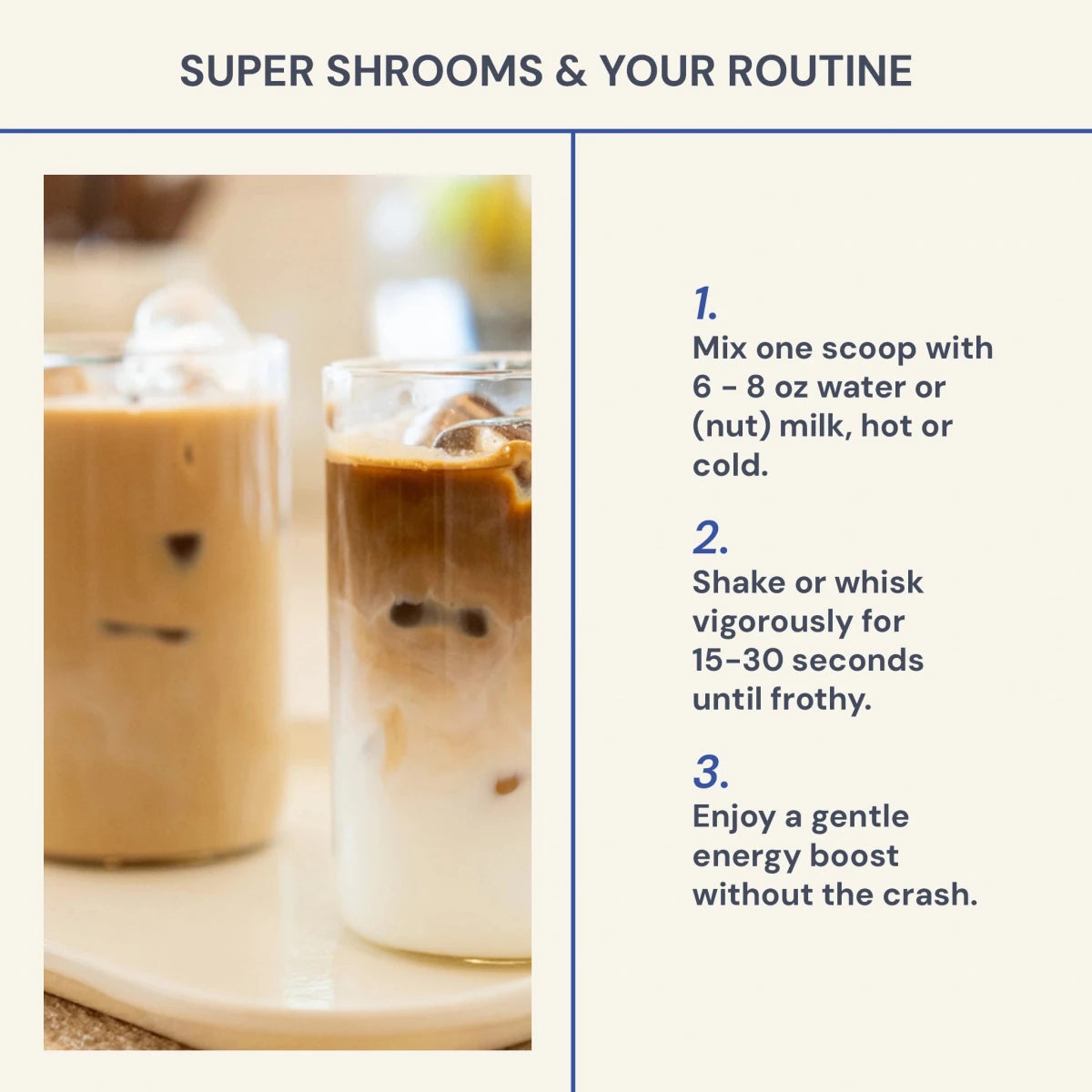 Two glasses of a frothy beverage with text on how to mix it.