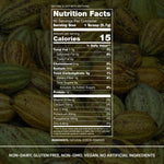 Nutrition facts label for a product with cocoa powder on a background of cocoa beans