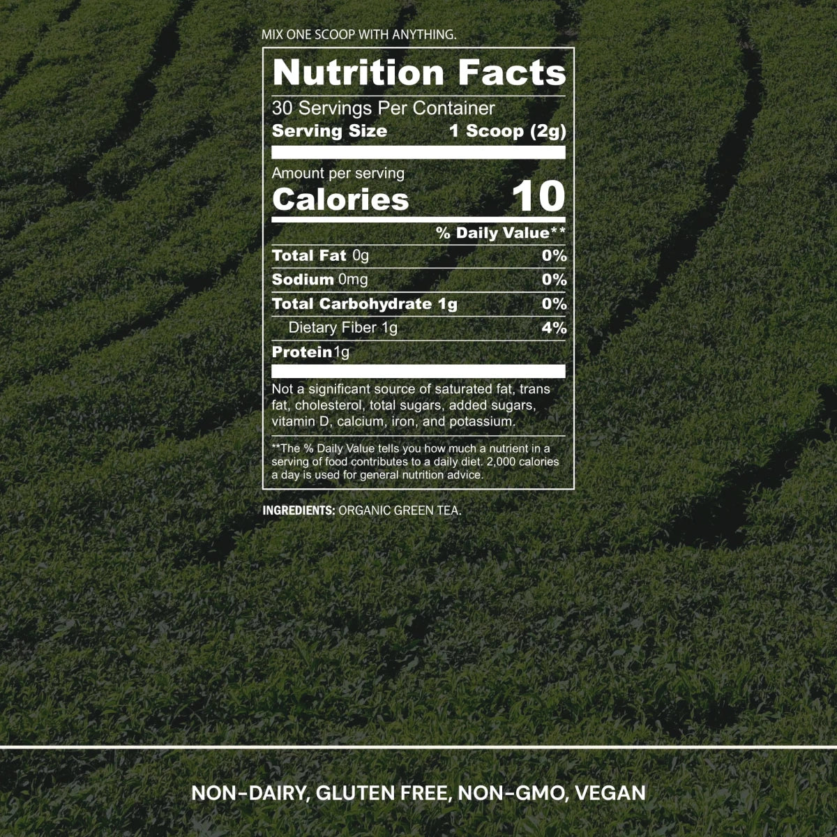 Nutrition facts label for a green tea product on a green leafy background