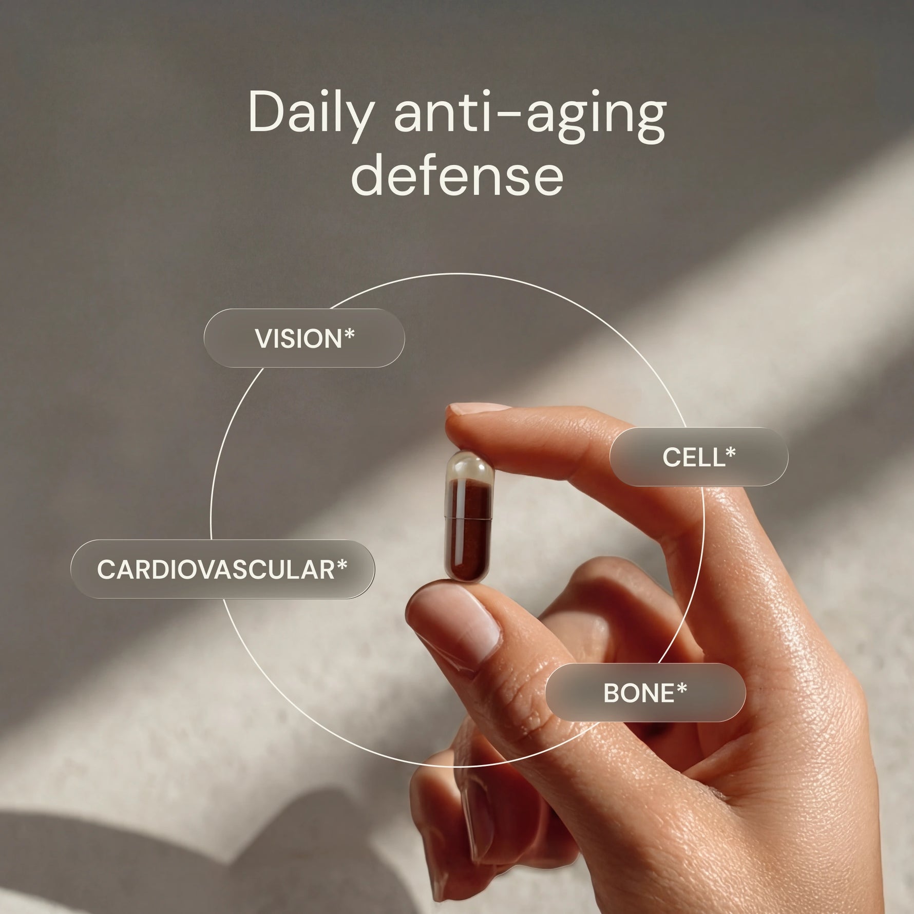 Hand holding a capsule with 'Daily anti-aging defense' text and labeled benefits on a neutral background.