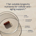 Blueprint Advanced Antioxidants capsule in a glass dish with lutein, astaxanthin, vitamin K1 and K2 for cellular anti-aging