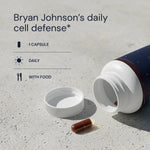 Blueprint Advanced Antioxidants capsule bottle opened on concrete with daily cell defense dosage — longevity supplement