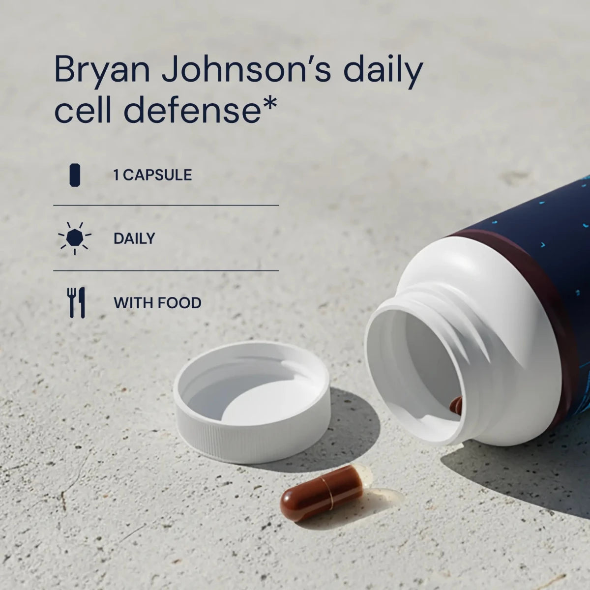 Blueprint Advanced Antioxidants capsule bottle opened on concrete with daily cell defense dosage — longevity supplement