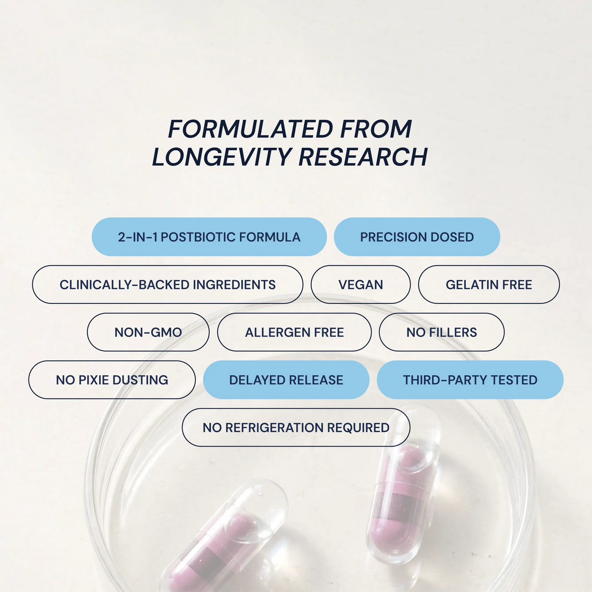 Advanced Antioxidants feature list headed 'Designed for longevity' with capsules in a dish — Blueprint supplement