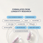 Advanced Antioxidants feature list headed 'Designed for longevity' with capsules in a dish — Blueprint supplement
