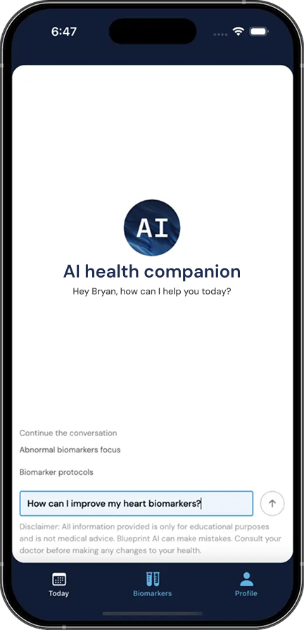 Phone displaying an AI health companion app interface with a question prompt.