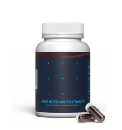 Supplement bottle labeled 'Advanced Antioxidants' with a white cap on a light gray background