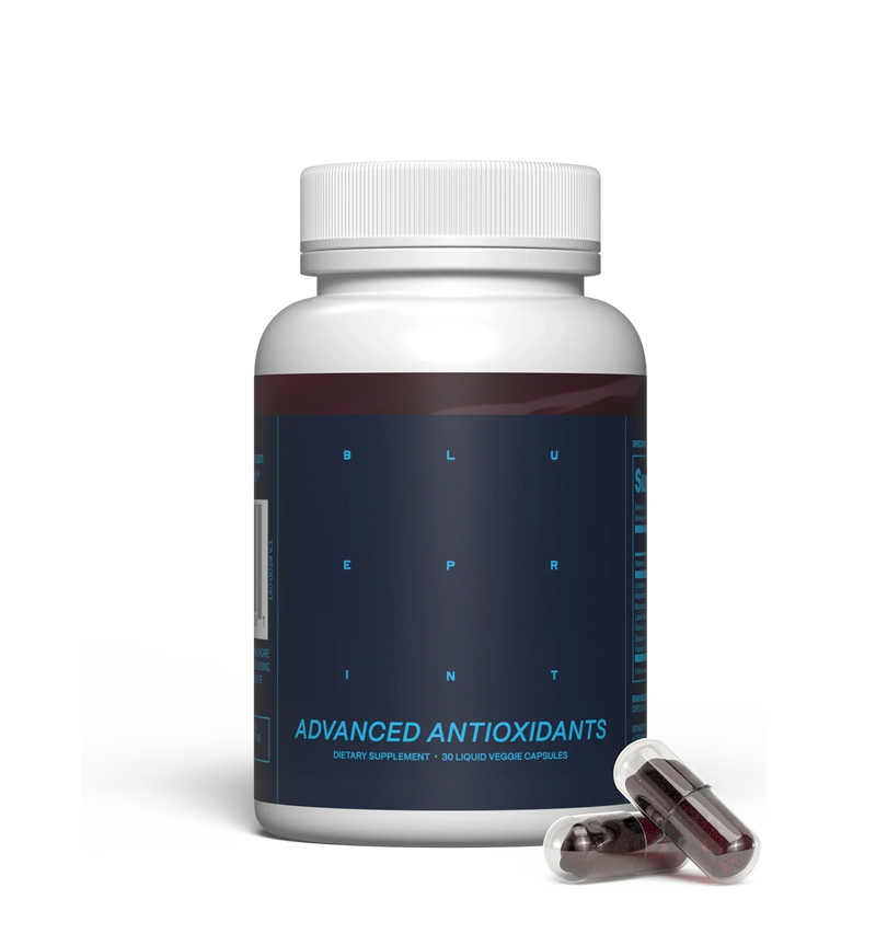 Supplement bottle labeled 'Advanced Antioxidants' with a white cap on a light gray background