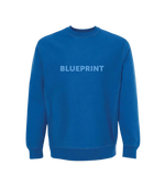 A blue crewneck sweatshirt with the word 'BLUEPRINT' printed across the front in capital letters