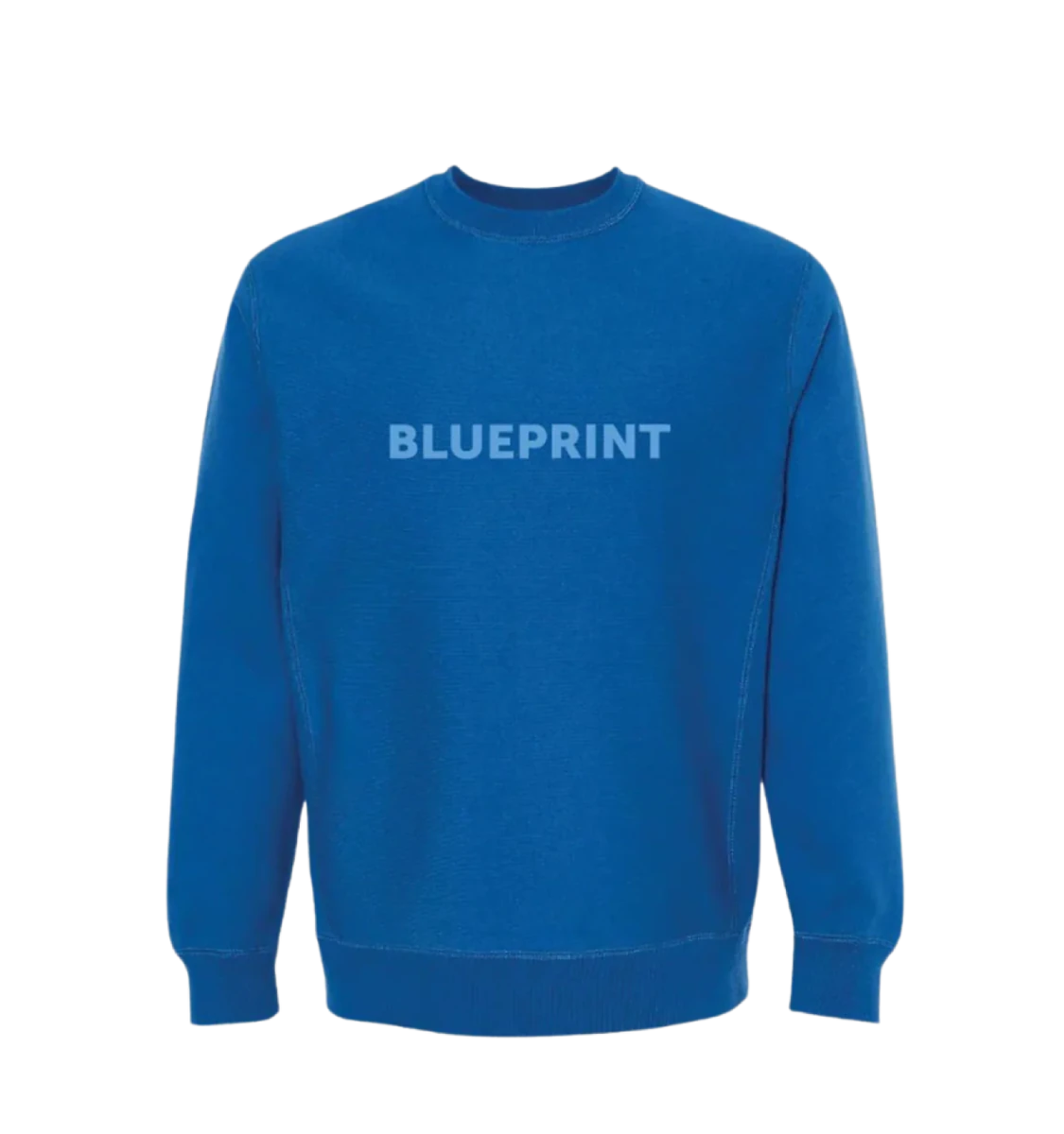 A blue crewneck sweatshirt with the word 'BLUEPRINT' printed across the front in capital letters
