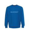 A blue crewneck sweatshirt with the word 'BLUEPRINT' printed across the front in capital letters