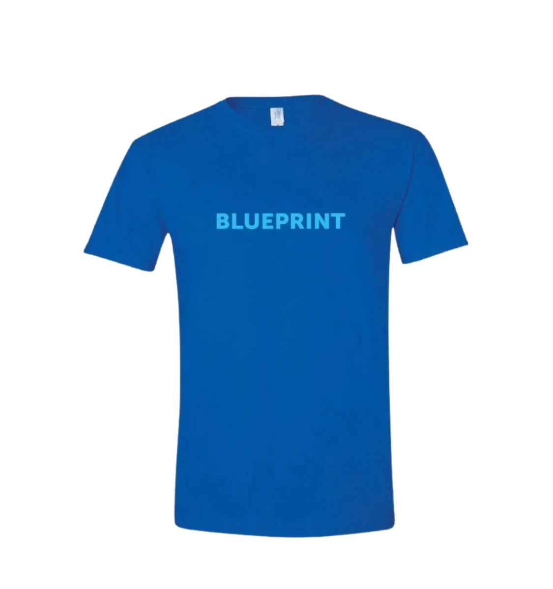 Blue t-shirt with 'BLUEPRINT' text on a white background