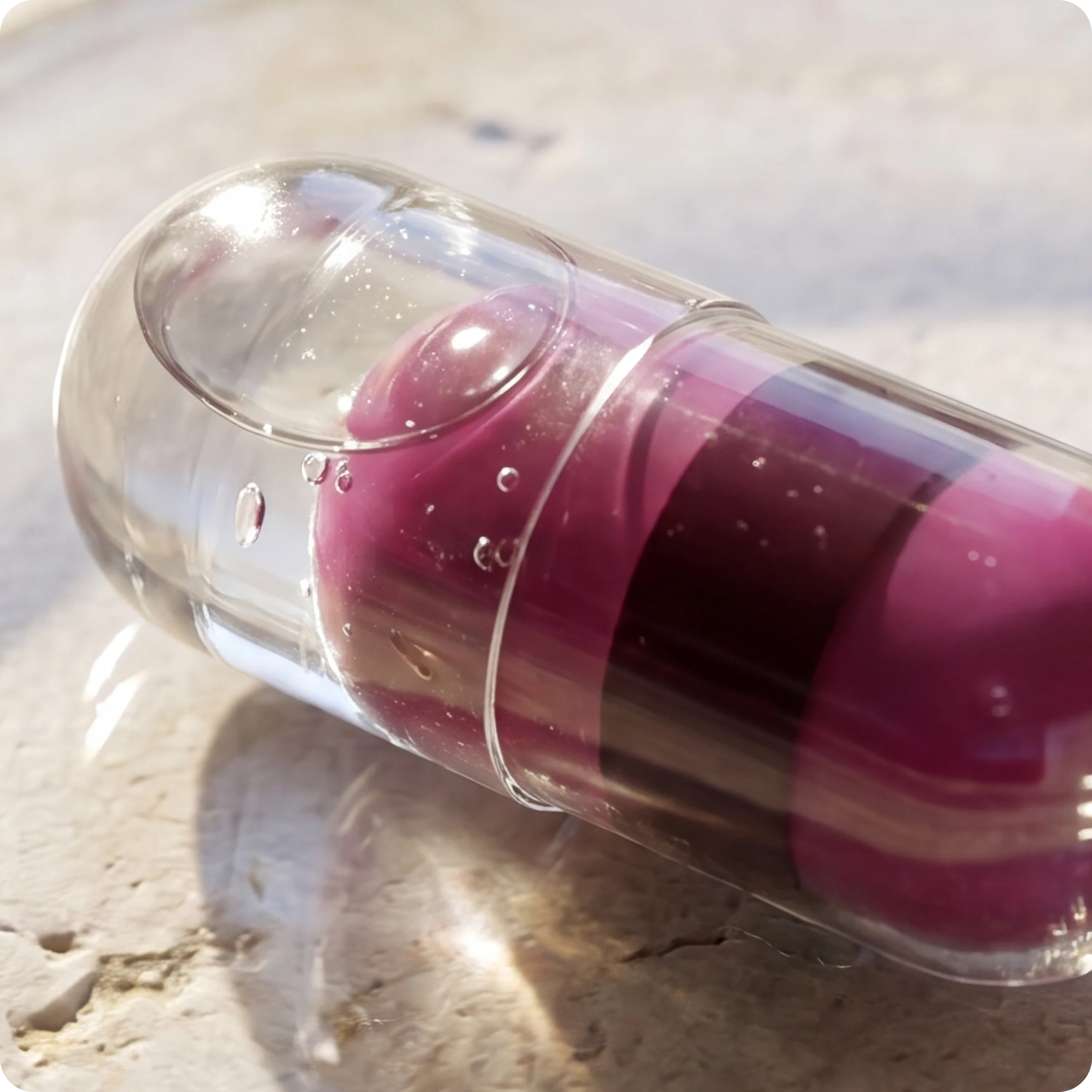 Translucent Essential Microbiome capsule with pink blend on a stone surface — Blueprint longevity supplement