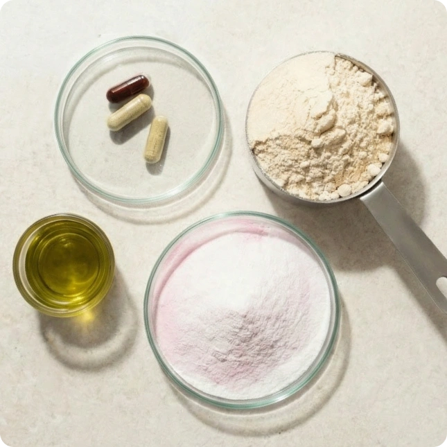 Various ingredients including oil, pills, and powders on a light surface