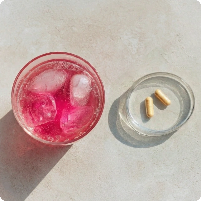 Longevity Mix with ice and two essential capsules on a light surface