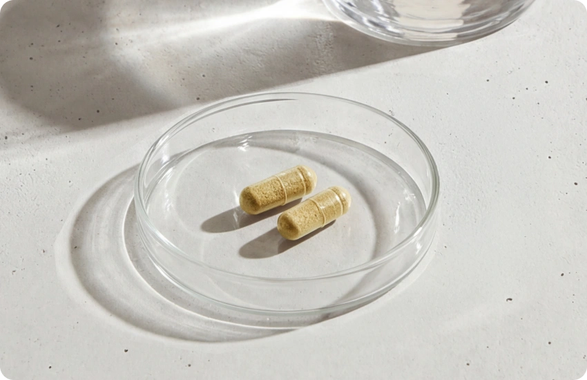 Two capsules on a clear glass dish with a neutral background
