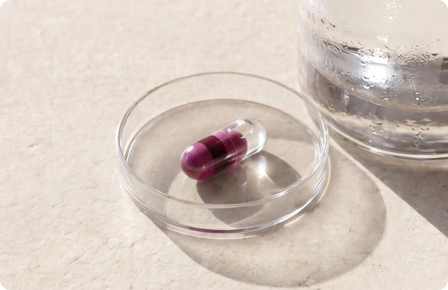 Two magenta Essential Microbiome capsules in a clear glass dish beside water on stone — Blueprint longevity supplement