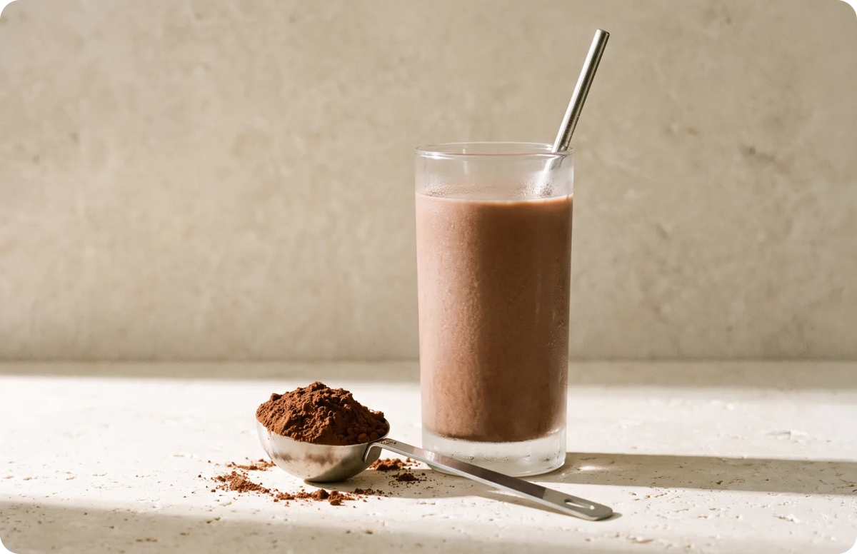 Chocolate plant-based protein shake in a glass with a metal straw beside a scoop of cocoa powder, a Blueprint longevity drink