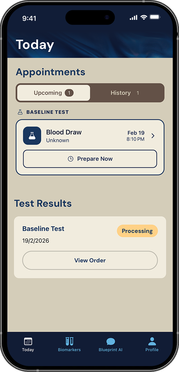 Phone screen displaying a healthcare app with appointments and test results.