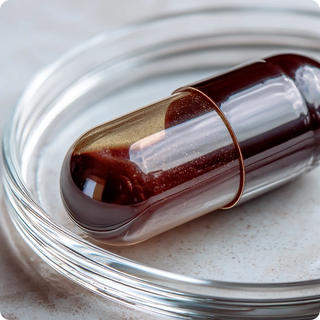 Close-up of a red- colored capsule on a glass plate