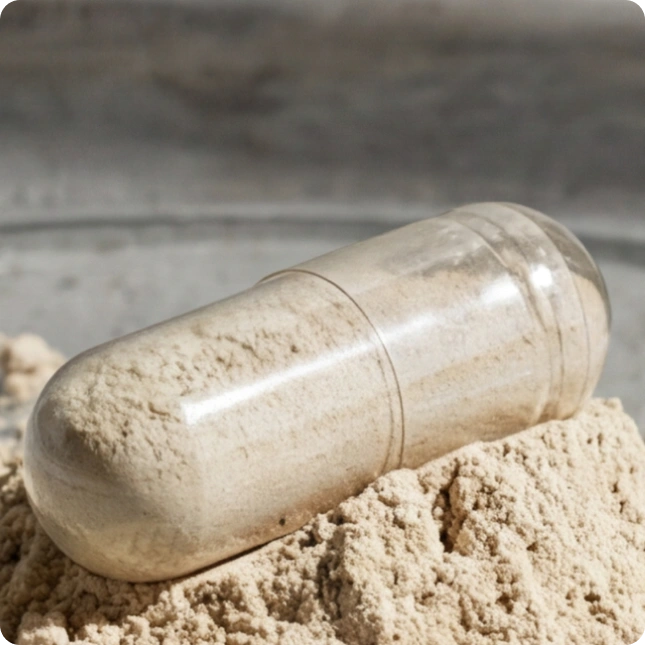 beige colored cylindrical capsule on sand with a blurred background
