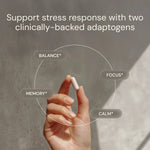 Hand holding a supplement capsule with text about stress response support and adaptogens on a blurred background