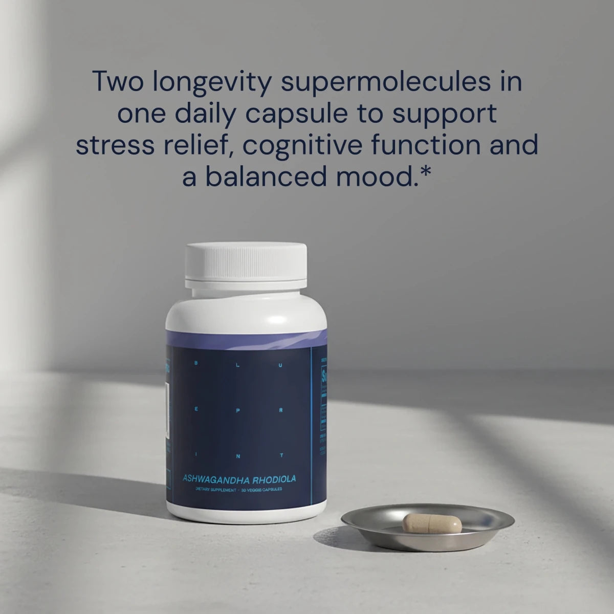 Supplement bottle with a pill on a gray surface and background