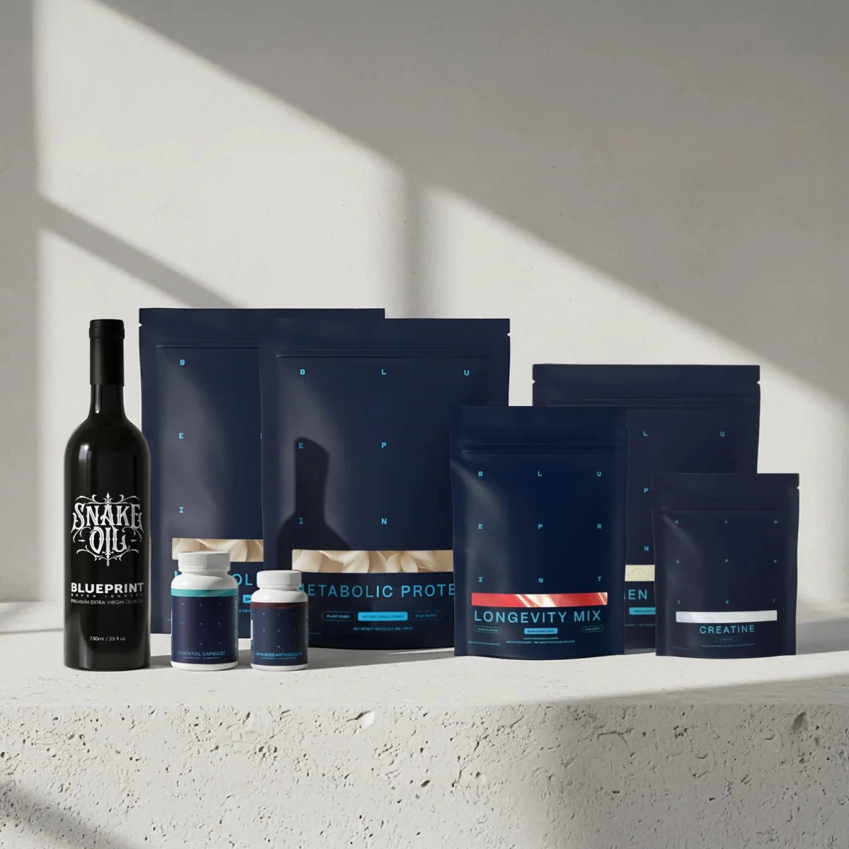 Collection of health and wellness products on a light surface with a neutral background