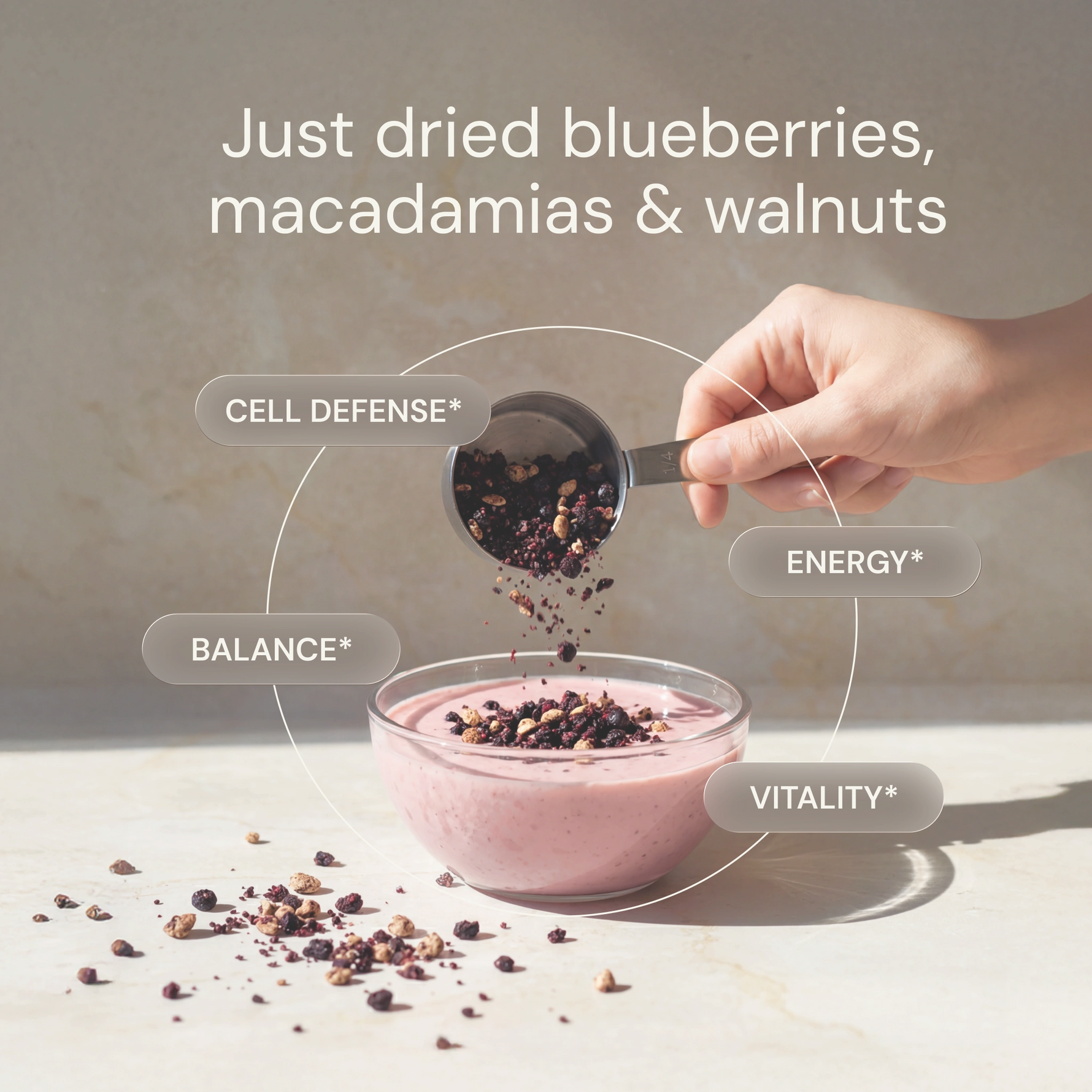Hand adding dried blueberries, macadamias, and walnuts to a bowl with text highlighting health benefits.