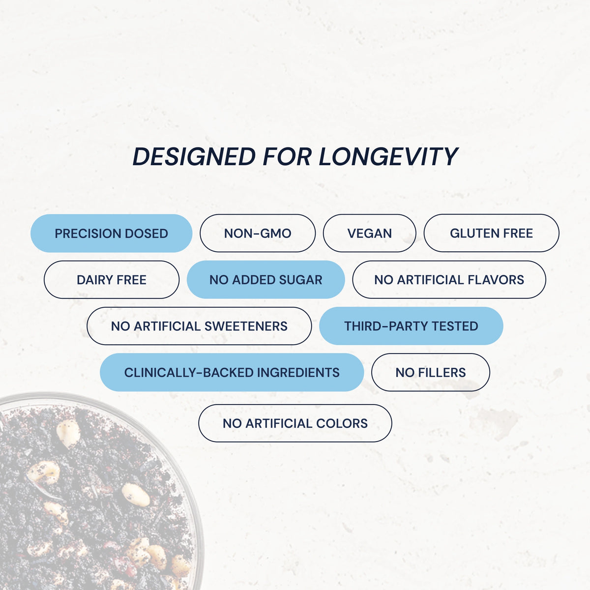 Product packaging with health and wellness features listed on a light background