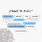 Product packaging with health and wellness features listed on a light background