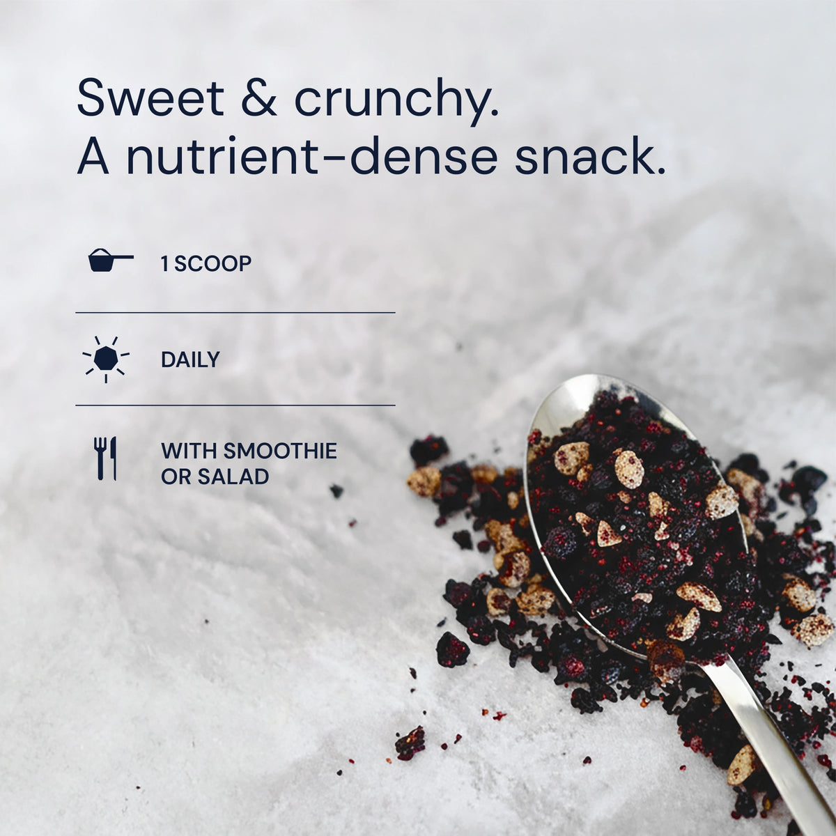 Spoonful of dark, crumbly snack with text about its nutritional benefits on a light background
