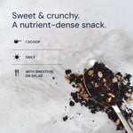 Spoonful of dark, crumbly snack with text about its nutritional benefits on a light background