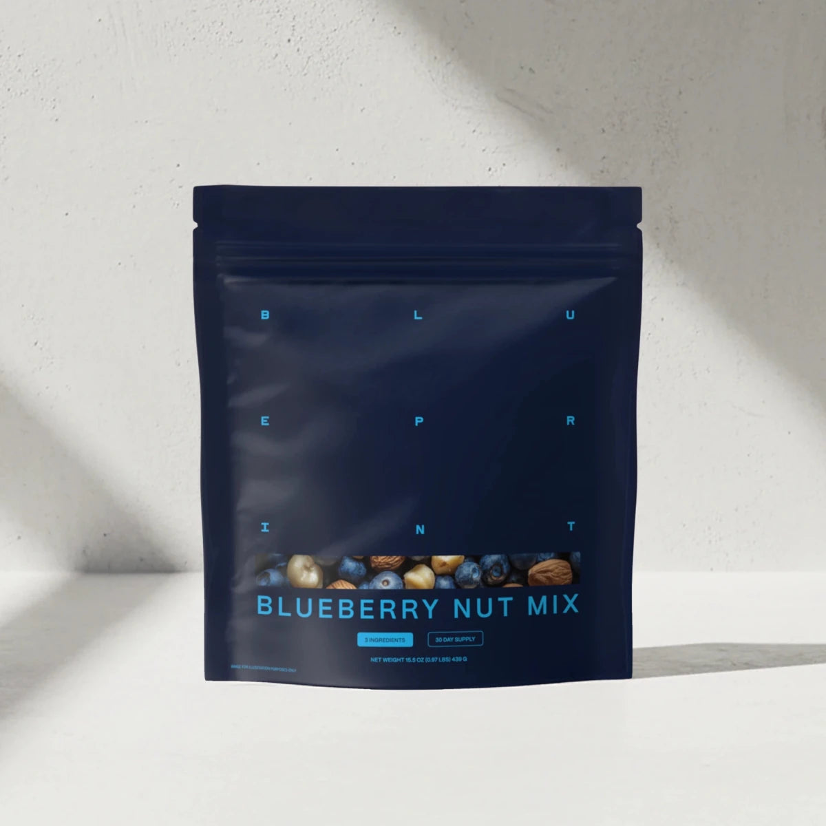Blueberry nut mix package on a light gray background