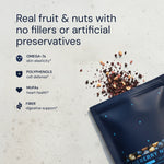 Nuts and seeds with a package on a light background, highlighting health benefits.