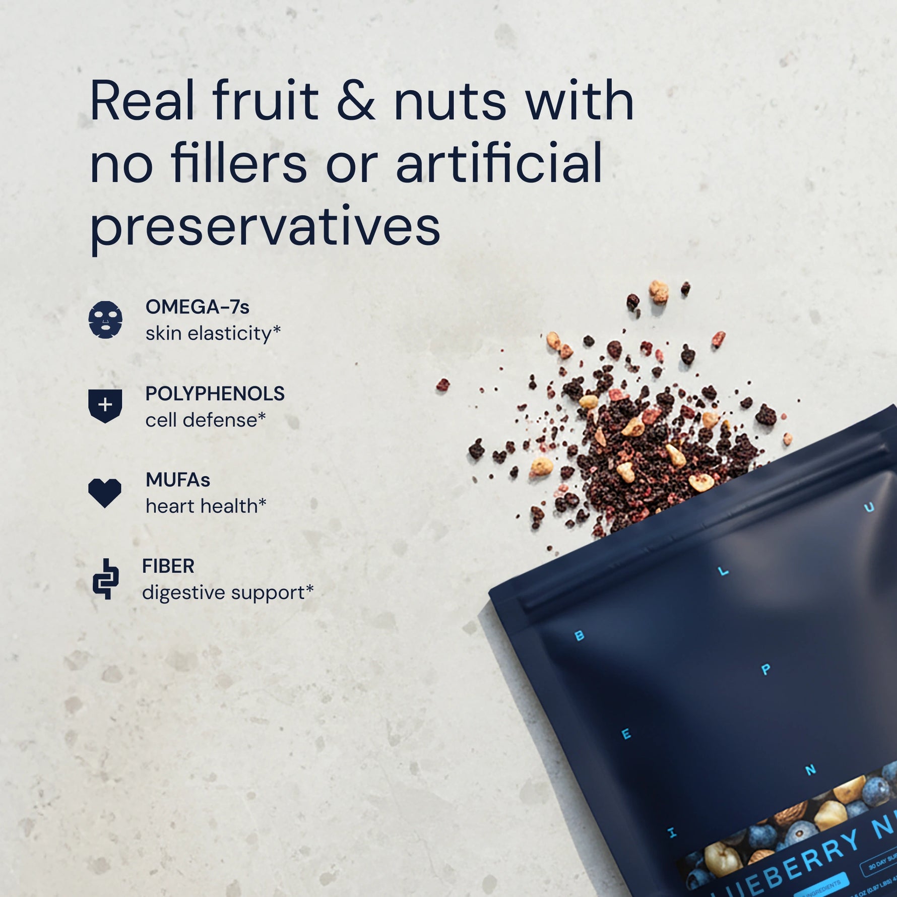 Nuts and seeds with a package on a light background, highlighting health benefits.