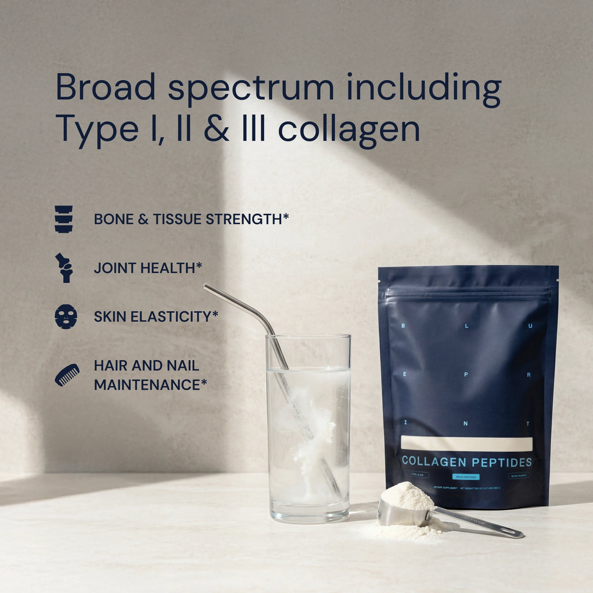 Collagen peptides packaging with a glass of water and spoon on a neutral background
